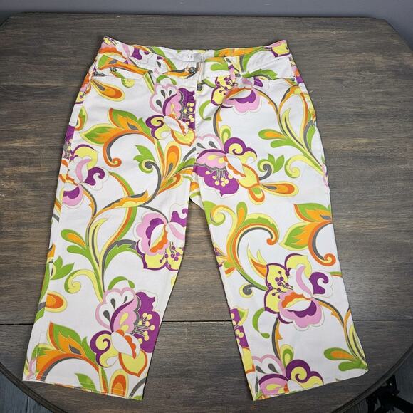 Escada Flower Power Floral Retro Cotton Stretch Capri Pants Women’s EU 42 (10) - Picture 1 of 13